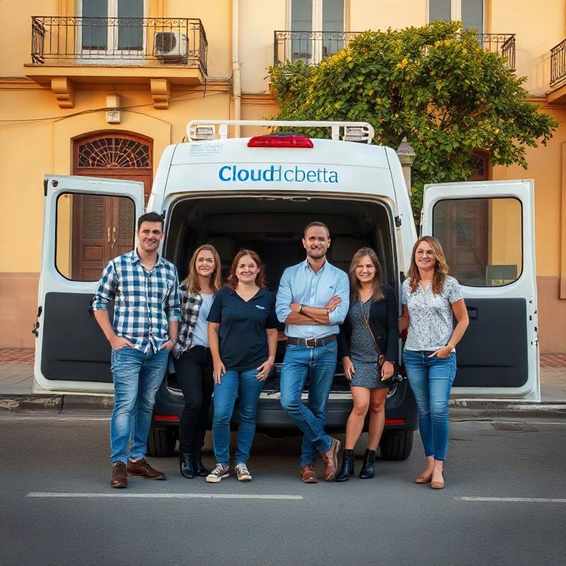 Equipo de Cloudcbeta posando frente a la furgoneta de servicio en una calle de Paysandú
