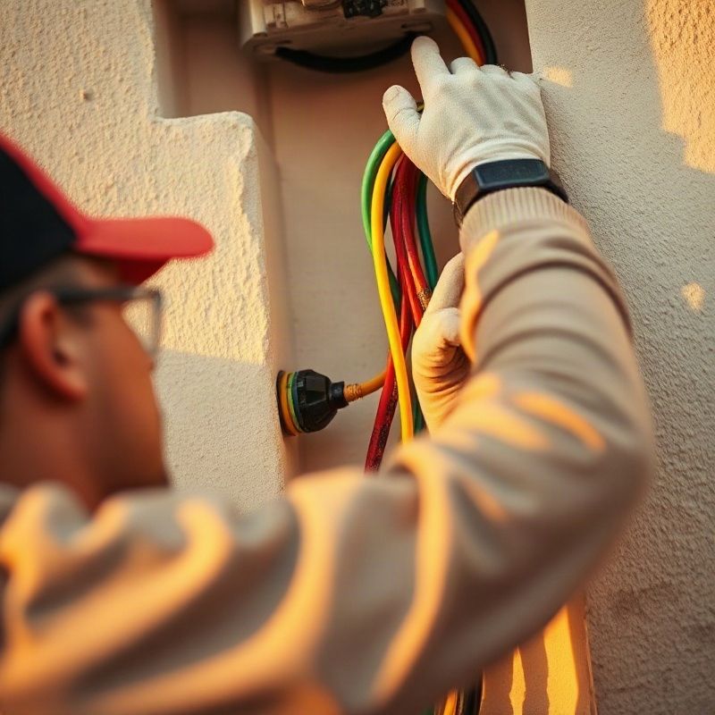 Electricista certificado tendiendo cables color-codificados en una pared residencial