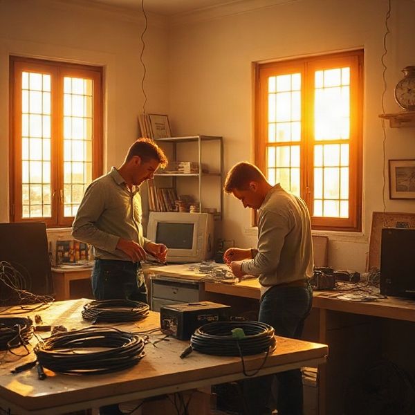 Dos electricistas de Cloudcbeta trabajando dentro de una vivienda uruguaya con luz ámbar-dorada