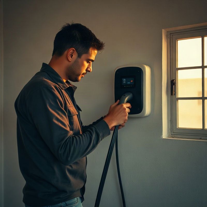 Electricista conectando un cargador de Nivel 2 en un garaje residencial uruguayo